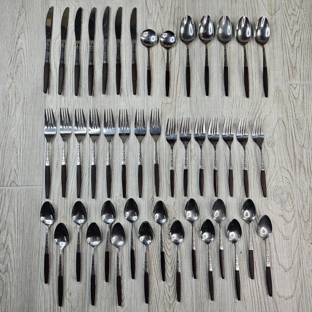 Interpur INR2 Flatware 45 Pc Set Stainless Japan Faux Wood MCM Scroll Heart